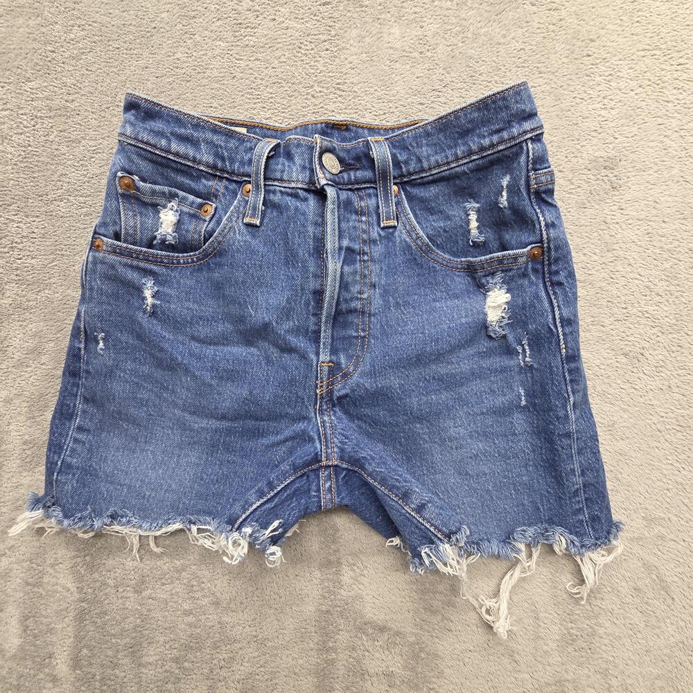Levi's 501 Premium Shorts Womens 24 Blue Cut-Off Distressed Big E